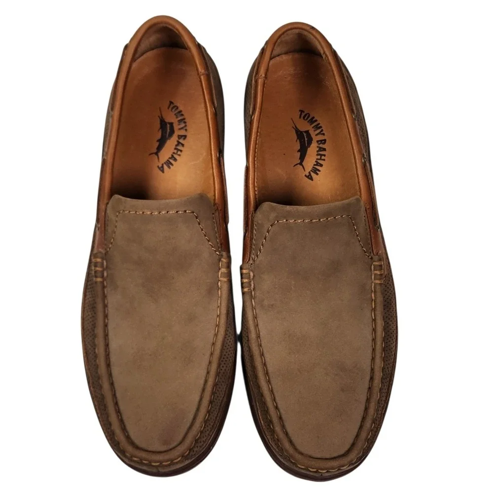 Tommy Bahama Men's 10M Dark Olive Nubuck Leather Slip On Loafers Boat Shoes